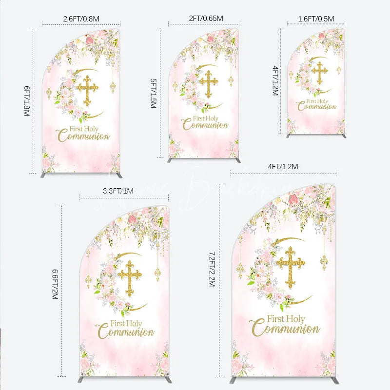 Lofaris Pink Floral First Holy Communion Half Moon Arch Backdrop Elegant Gold Glitter Cross Religious Decor