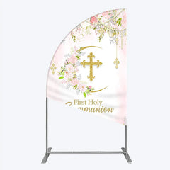 Lofaris Pink Floral First Holy Communion Half Moon Arch Backdrop Elegant Gold Glitter Cross Religious Decor