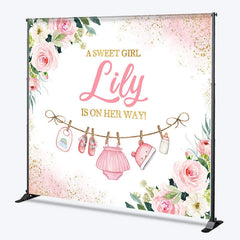 Lofaris Pink Floral Glitter Baby Clothesline Custom Backdrop A Sweet Girl Is On Her Way Shower Gender Reveal Party Decor