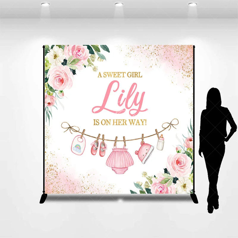 Lofaris Pink Floral Glitter Baby Clothesline Custom Backdrop A Sweet Girl Is On Her Way Shower Gender Reveal Party Decor