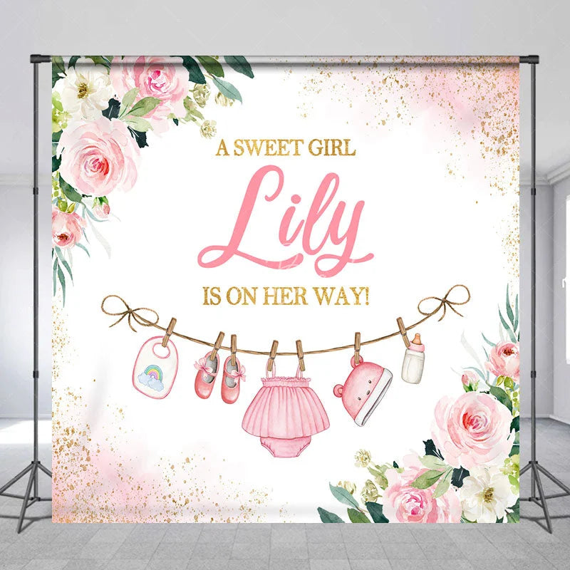 Lofaris Pink Floral Glitter Baby Clothesline Custom Backdrop A Sweet Girl Is On Her Way Shower Gender Reveal Party Decor