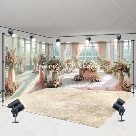 Lofaris Pink Floral Grand Hall Arched Windows Room Set Backdrop Elegant Wedding Photography Decor