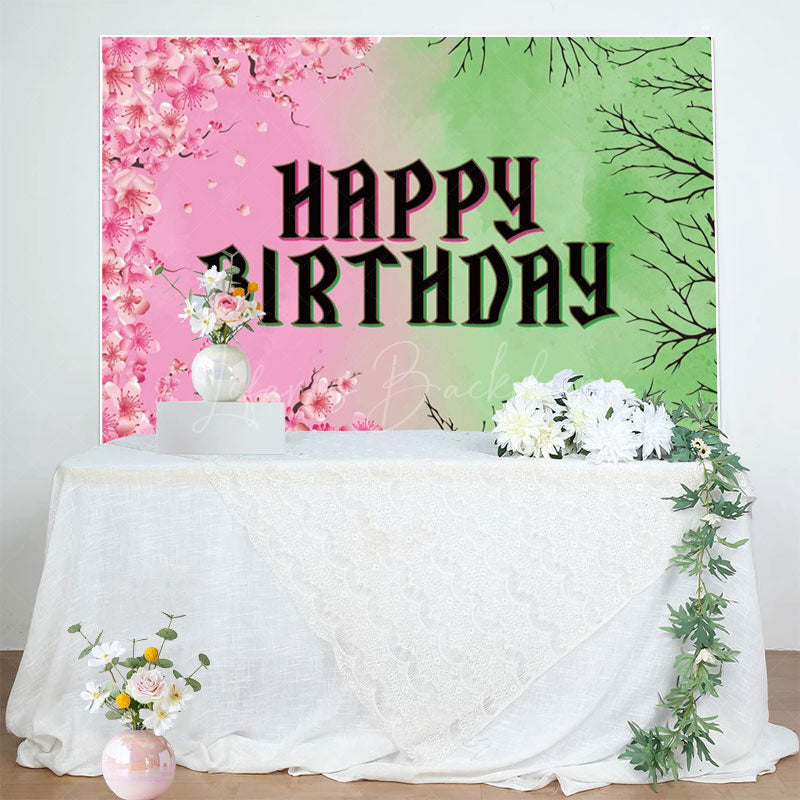 Lofaris Pink Floral Green Branches Happy Birthday Backdrop
