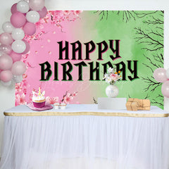 Lofaris Pink Floral Green Branches Happy Birthday Backdrop