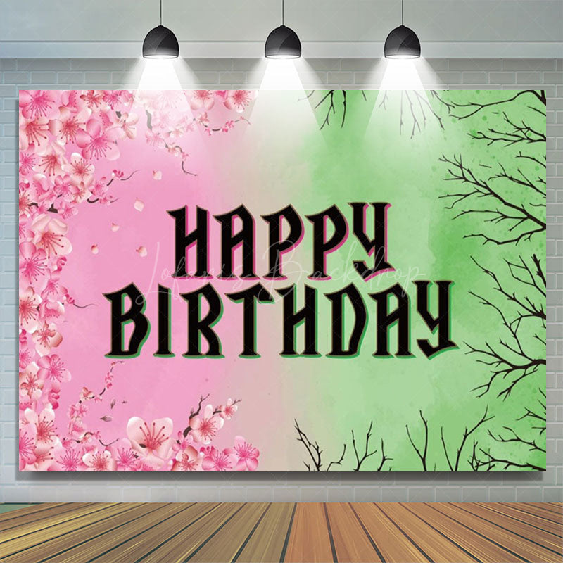Lofaris Pink Floral Green Branches Happy Birthday Backdrop