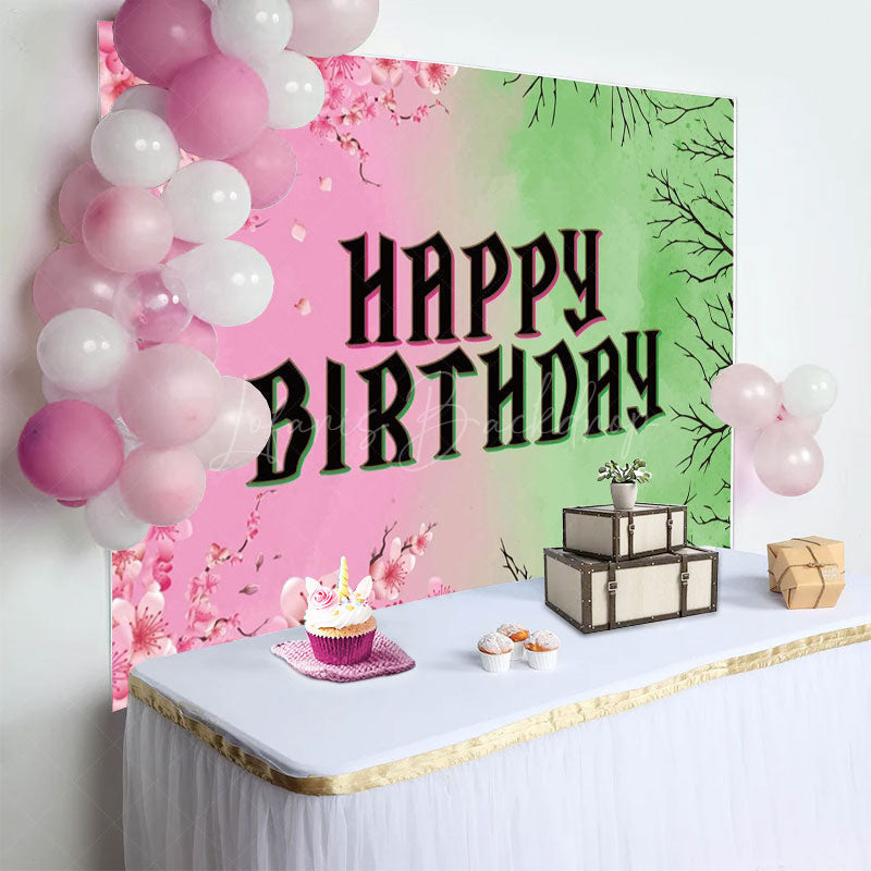 Lofaris Pink Floral Green Branches Happy Birthday Backdrop