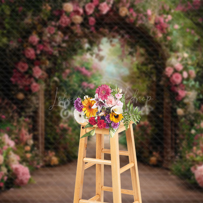 Lofaris Pink Floral Green Plant Arch Door Spring Backdrop