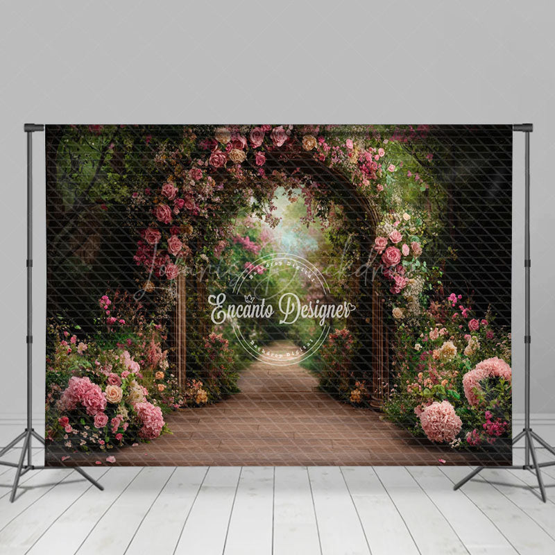 Lofaris Pink Floral Green Plant Arch Door Spring Backdrop