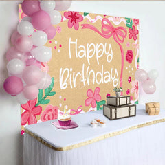 Lofaris Pink Floral Happy Birthday Backdrop Kraft Paper Style Garden Party Decoration for Girls