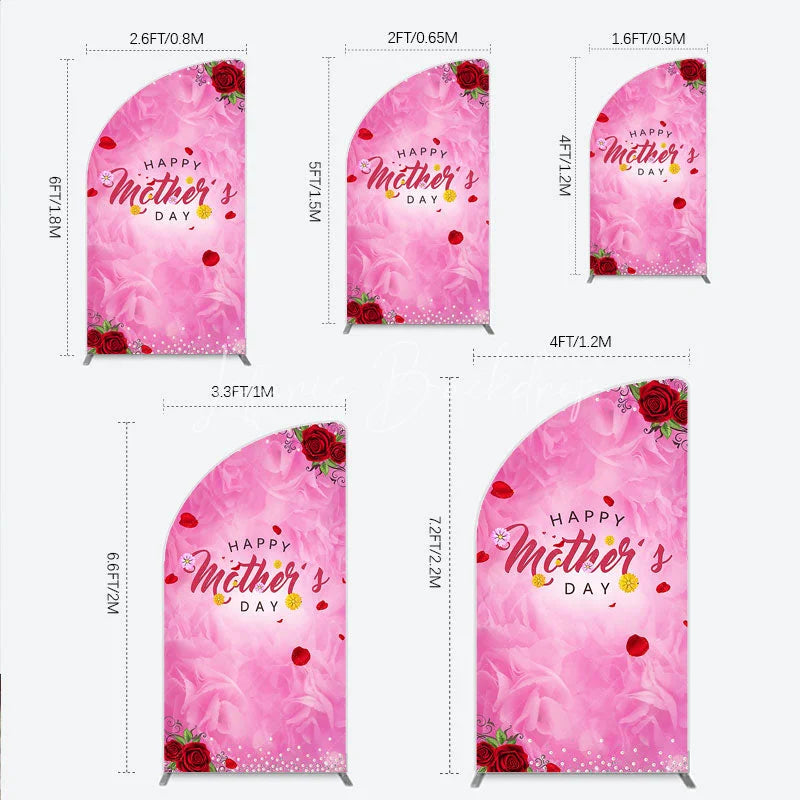 Lofaris Pink Floral Happy Mother’s Day Half Moon Arch Backdrop with Red Roses and Glitter Pearls Elegant Celebration Decor