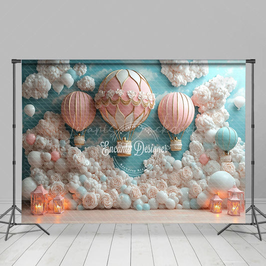 Lofaris Pink Floral Hot Air Balloon Cake Smash Backdrop