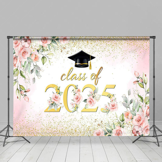 Lofaris Pink Floral Leaf Gold Glitter Class of 2025 Backdrop