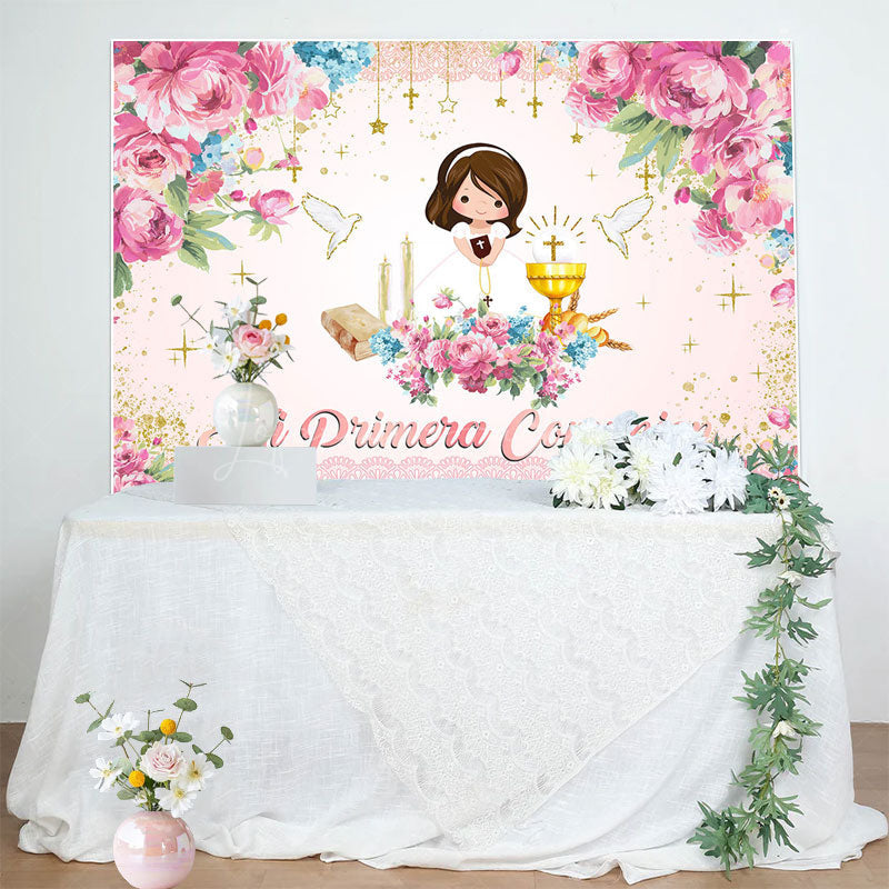 Lofaris Pink Floral Mi Primera Comunion Baptism Backdrop