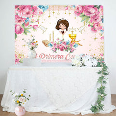 Lofaris Pink Floral Mi Primera Comunion Baptism Backdrop