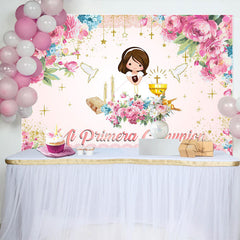 Lofaris Pink Floral Mi Primera Comunion Baptism Backdrop