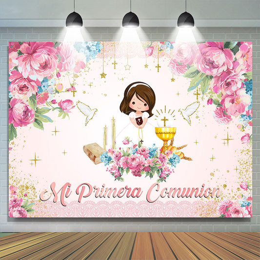 Lofaris Pink Floral Mi Primera Comunion Baptism Backdrop