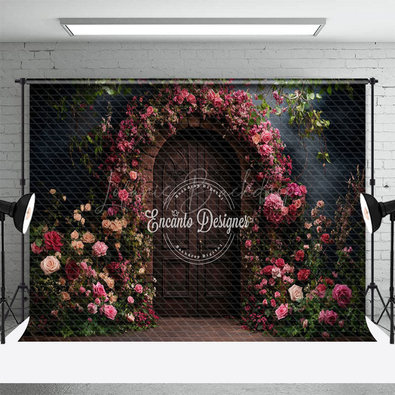 Lofaris Pink Floral Natural Plant Brown Door Photo Backdrop