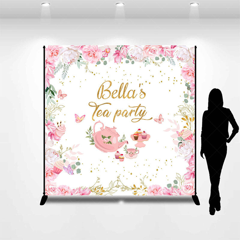 Lofaris Pink Floral Paper Cake Custom Name Tea Party Backdrop