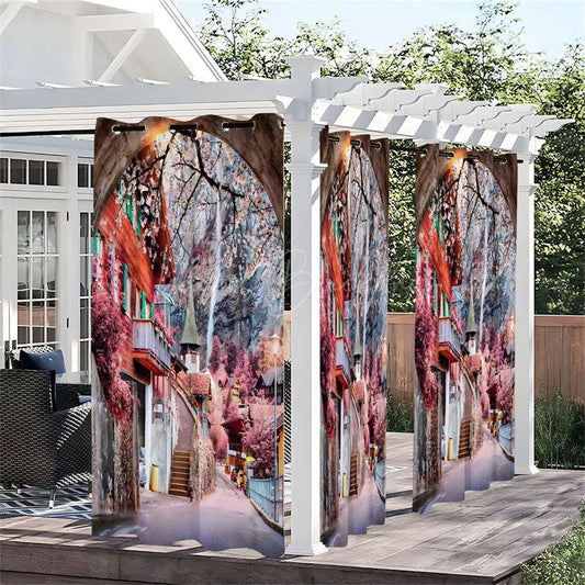 Lofaris Pink Floral Path Waterproof Printed Outdoor Curtains