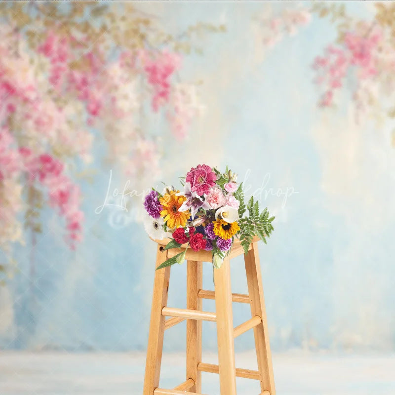 Lofaris Pink Floral Photography Backdrop Flowers on a Blue Textured Wall Painterly Fine Art Portrait Background