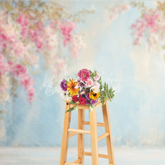 Lofaris Pink Floral Photography Backdrop Flowers on a Blue Textured Wall Painterly Fine Art Portrait Background