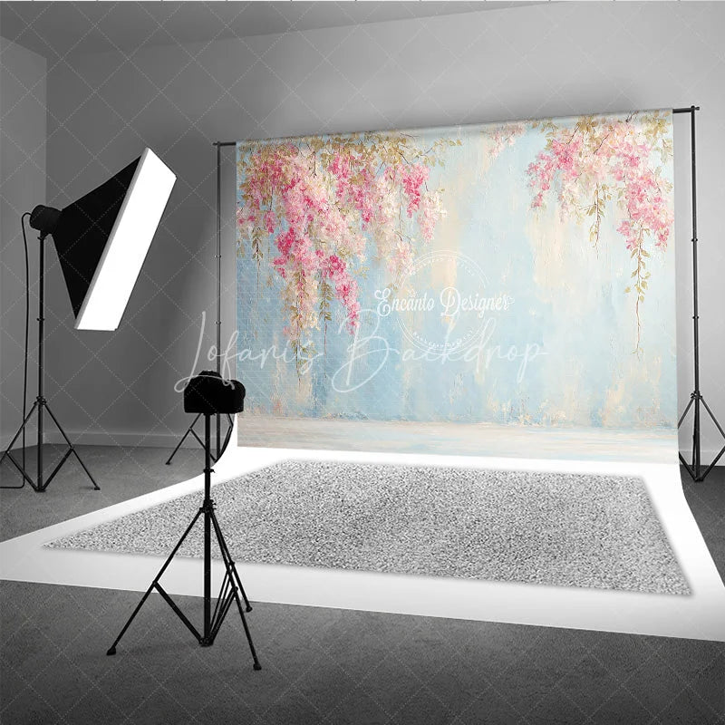 Lofaris Pink Floral Photography Backdrop Flowers on a Blue Textured Wall Painterly Fine Art Portrait Background