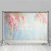 Lofaris Pink Floral Photography Backdrop Flowers on a Blue Textured Wall Painterly Fine Art Portrait Background