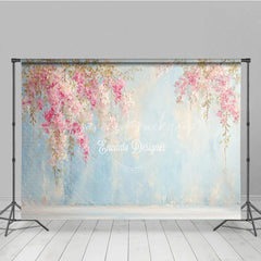 Lofaris Pink Floral Photography Backdrop Flowers on a Blue Textured Wall Painterly Fine Art Portrait Background