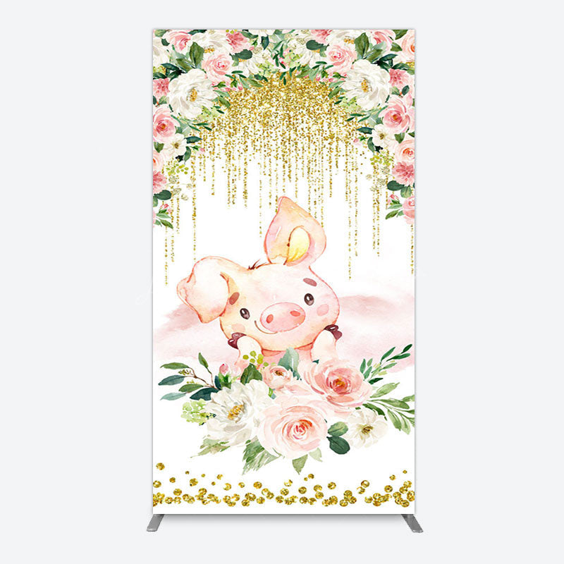 Lofaris Pink Floral Pig Gold Glitter Birthday Arch Backdrop