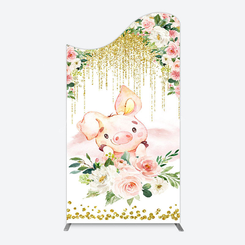 Lofaris Pink Floral Pig Gold Glitter Birthday Arch Backdrop