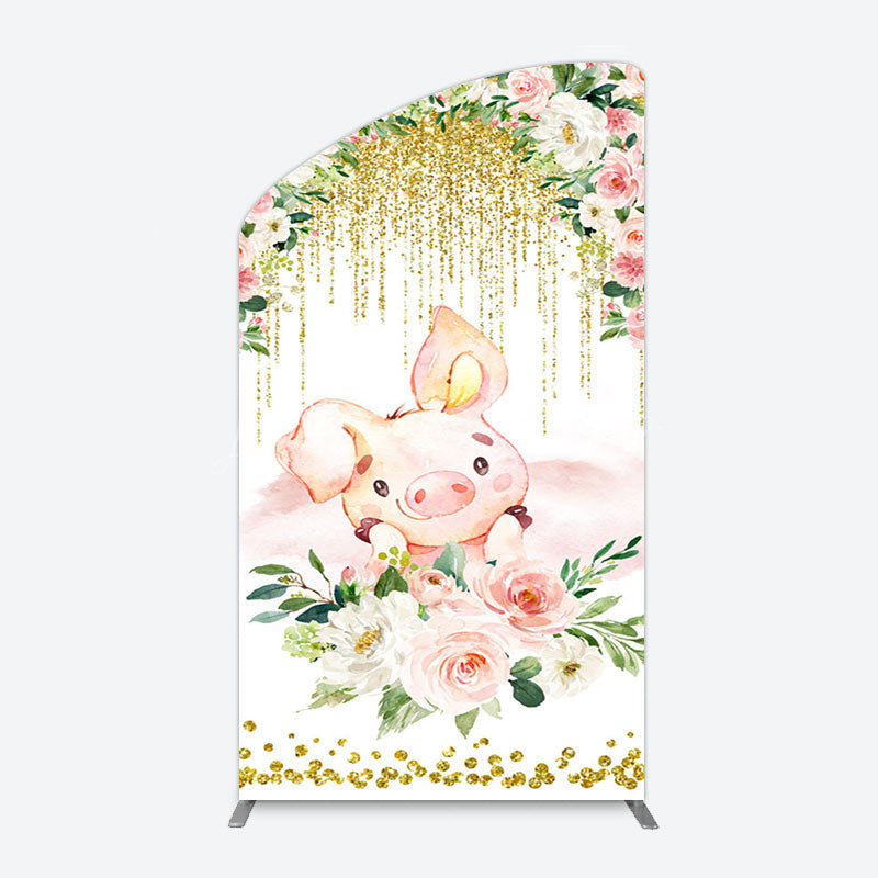 Lofaris Pink Floral Pig Gold Glitter Birthday Arch Backdrop
