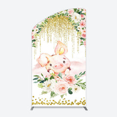 Lofaris Pink Floral Pig Gold Glitter Birthday Arch Backdrop