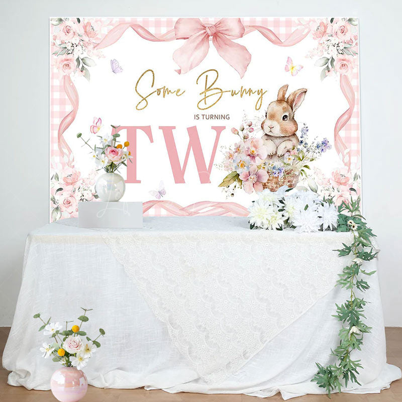 Lofaris Pink Floral Plaid Some Bunny 2nd Birthday Backdrop
