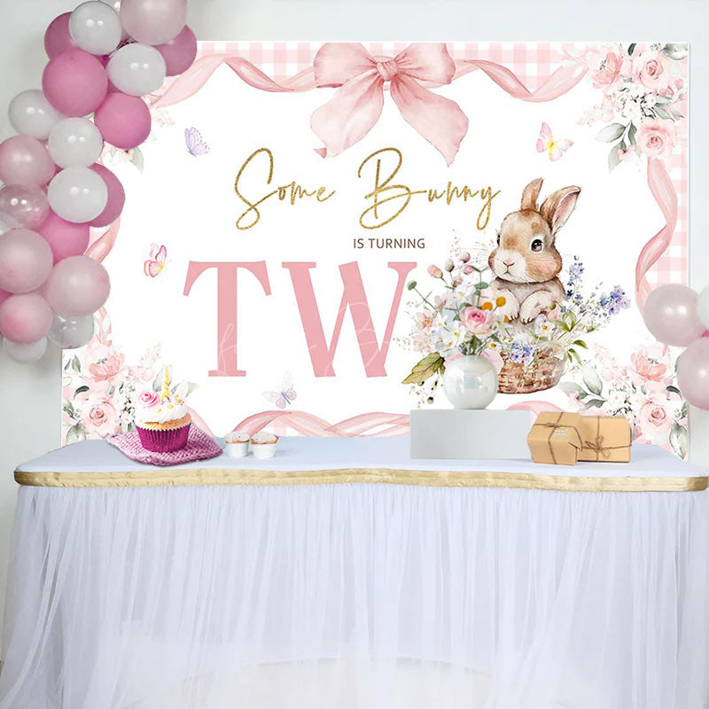 Lofaris Pink Floral Plaid Some Bunny 2nd Birthday Backdrop