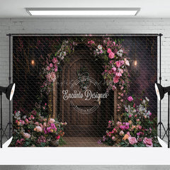 Lofaris Pink Floral Plant Brown Door Spring Photo Backdrop