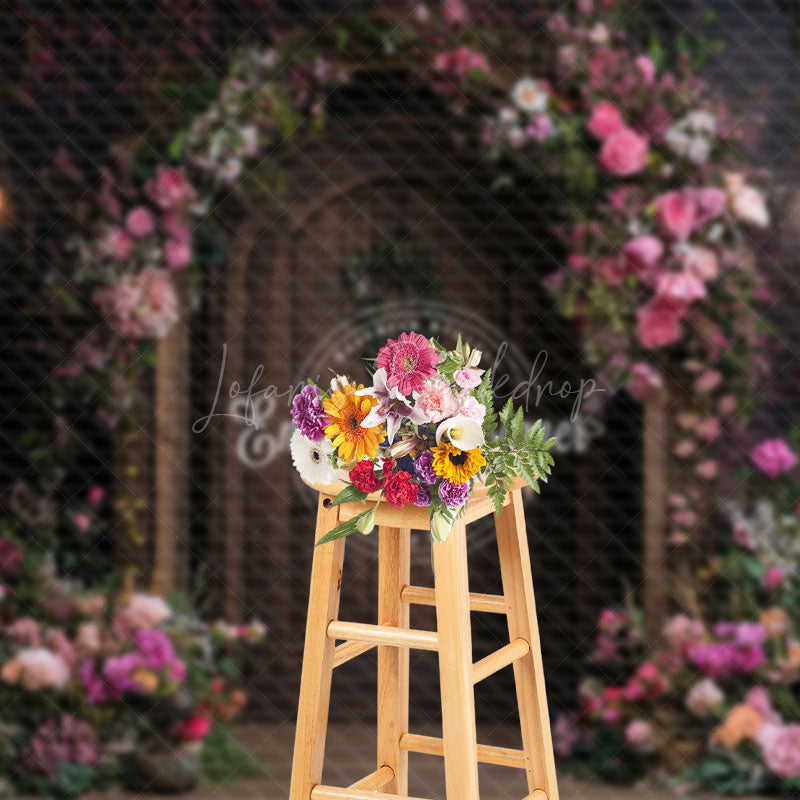 Lofaris Pink Floral Plant Brown Door Spring Photo Backdrop