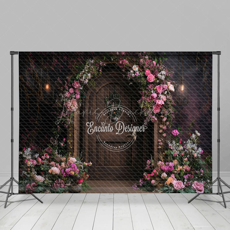 Lofaris Pink Floral Plant Brown Door Spring Photo Backdrop