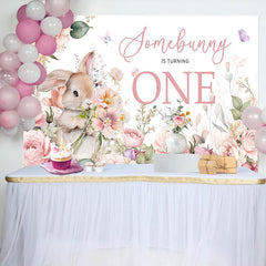 Lofaris Pink Floral Rabbit Somebunny 1st Birthday Backdrop
