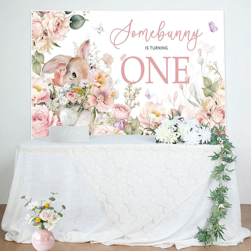 Lofaris Pink Floral Rabbit Somebunny 1st Birthday Backdrop
