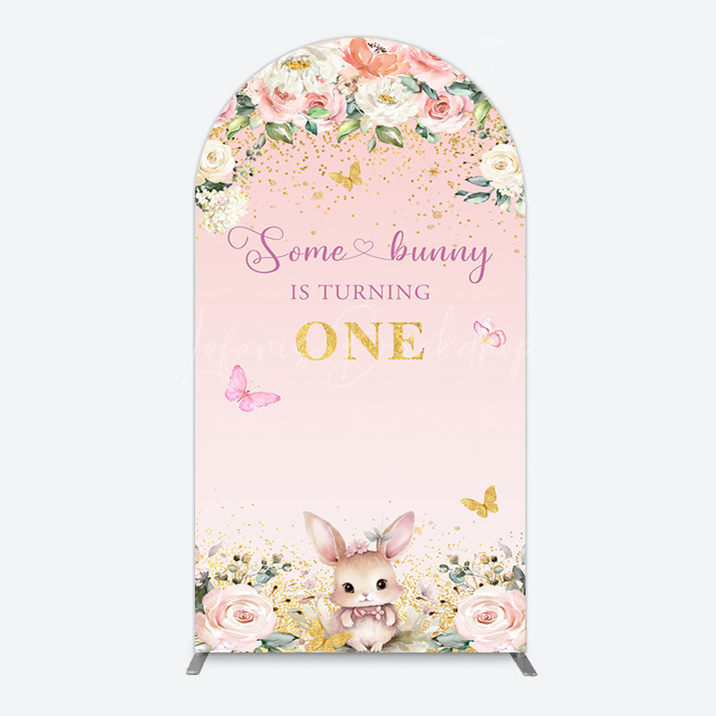 Lofaris Pink Floral Some Bunny Is Turning One Arch Backdrop