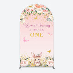 Lofaris Pink Floral Some Bunny Is Turning One Arch Backdrop