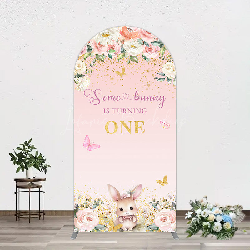 Lofaris Pink Floral Some Bunny Is Turning One Arch Backdrop