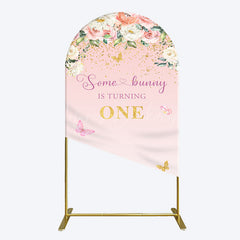 Lofaris Pink Floral Some Bunny Is Turning One Arch Backdrop