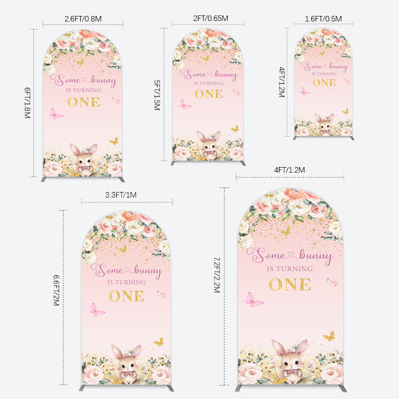 Lofaris Pink Floral Some Bunny Is Turning One Arch Backdrop