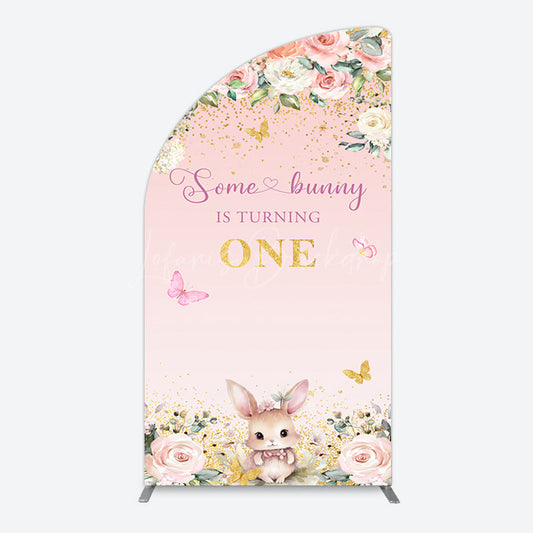 Lofaris Pink Floral Some Bunny Is Turning One Half Moon Arch Backdrop