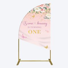 Lofaris Pink Floral Some Bunny Is Turning One Half Moon Arch Backdrop