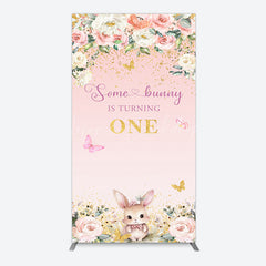 Lofaris Pink Floral Some Bunny Is Turning One Rectangle Backdrop