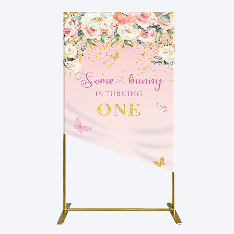 Lofaris Pink Floral Some Bunny Is Turning One Rectangle Backdrop