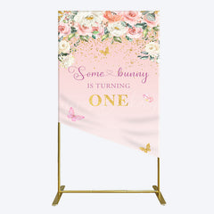 Lofaris Pink Floral Some Bunny Is Turning One Rectangle Backdrop