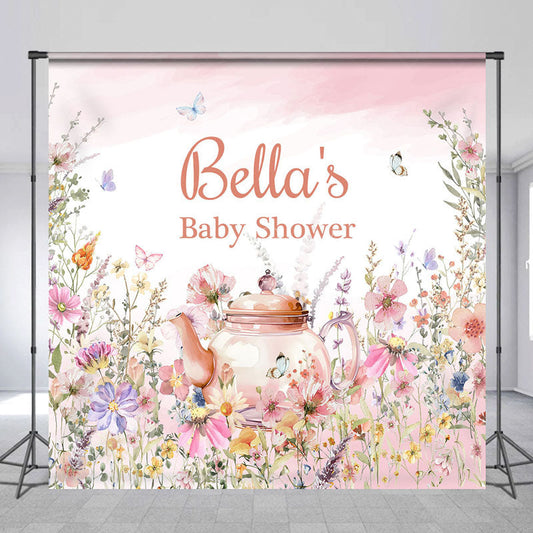 Lofaris Pink Floral Tea Pot Custom Name Baby Shower Backdrop